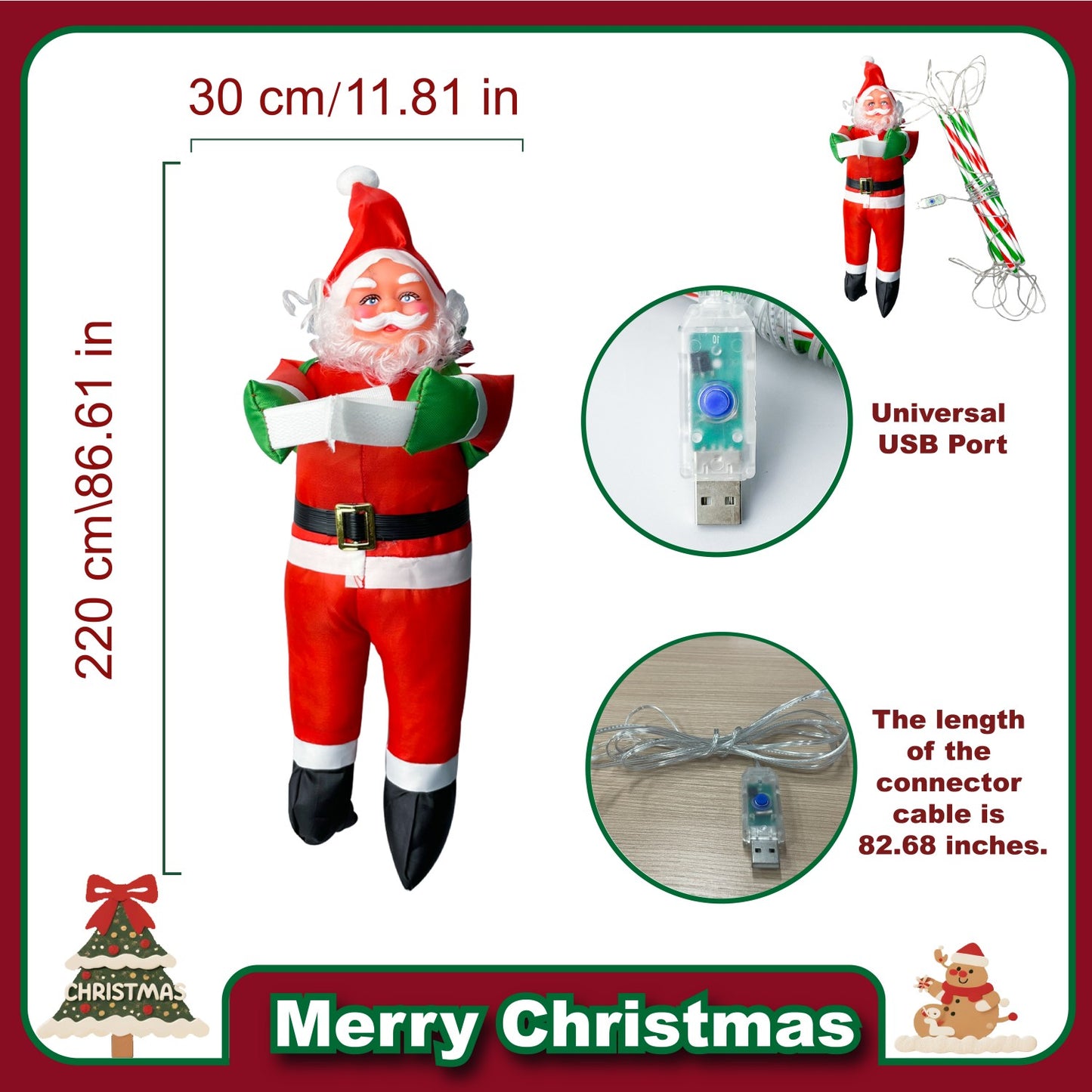 Classic Santa Claus Climbing Decoration – Battery Operated Christmas Ornament with Music & Silent Mode, Festive Hanging Santa for Windows, Mantel & Party Decor