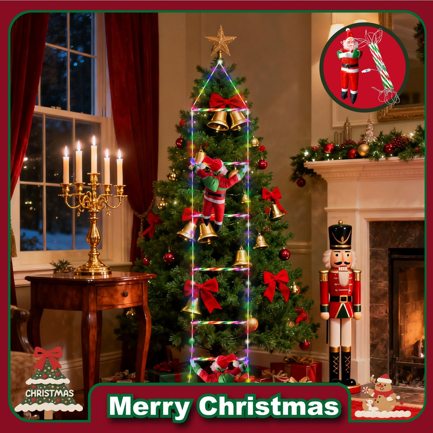 Classic Santa Claus Climbing Decoration – Battery Operated Christmas Ornament with Music & Silent Mode, Festive Hanging Santa for Windows, Mantel & Party Decor