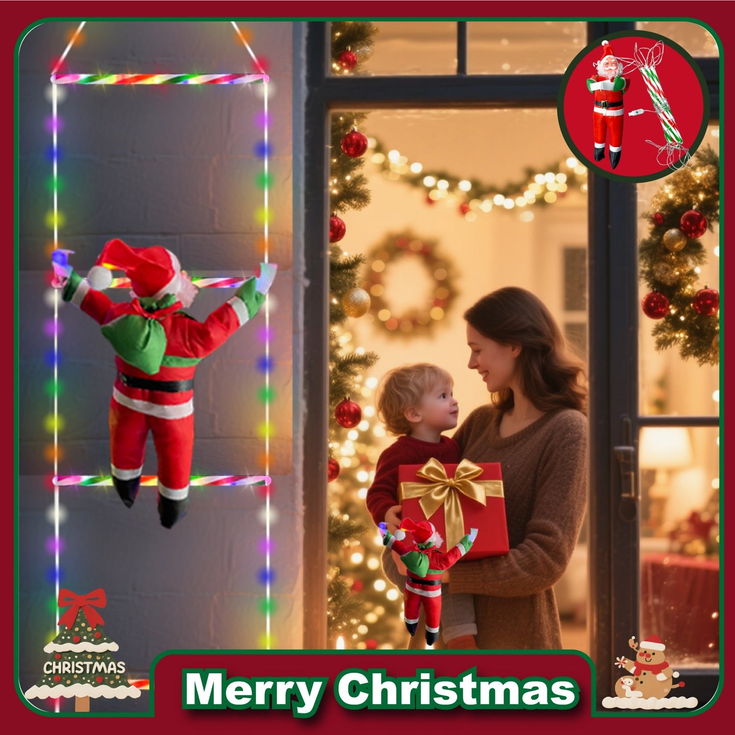 Classic Santa Claus Climbing Decoration – Battery Operated Christmas Ornament with Music & Silent Mode, Festive Hanging Santa for Windows, Mantel & Party Decor