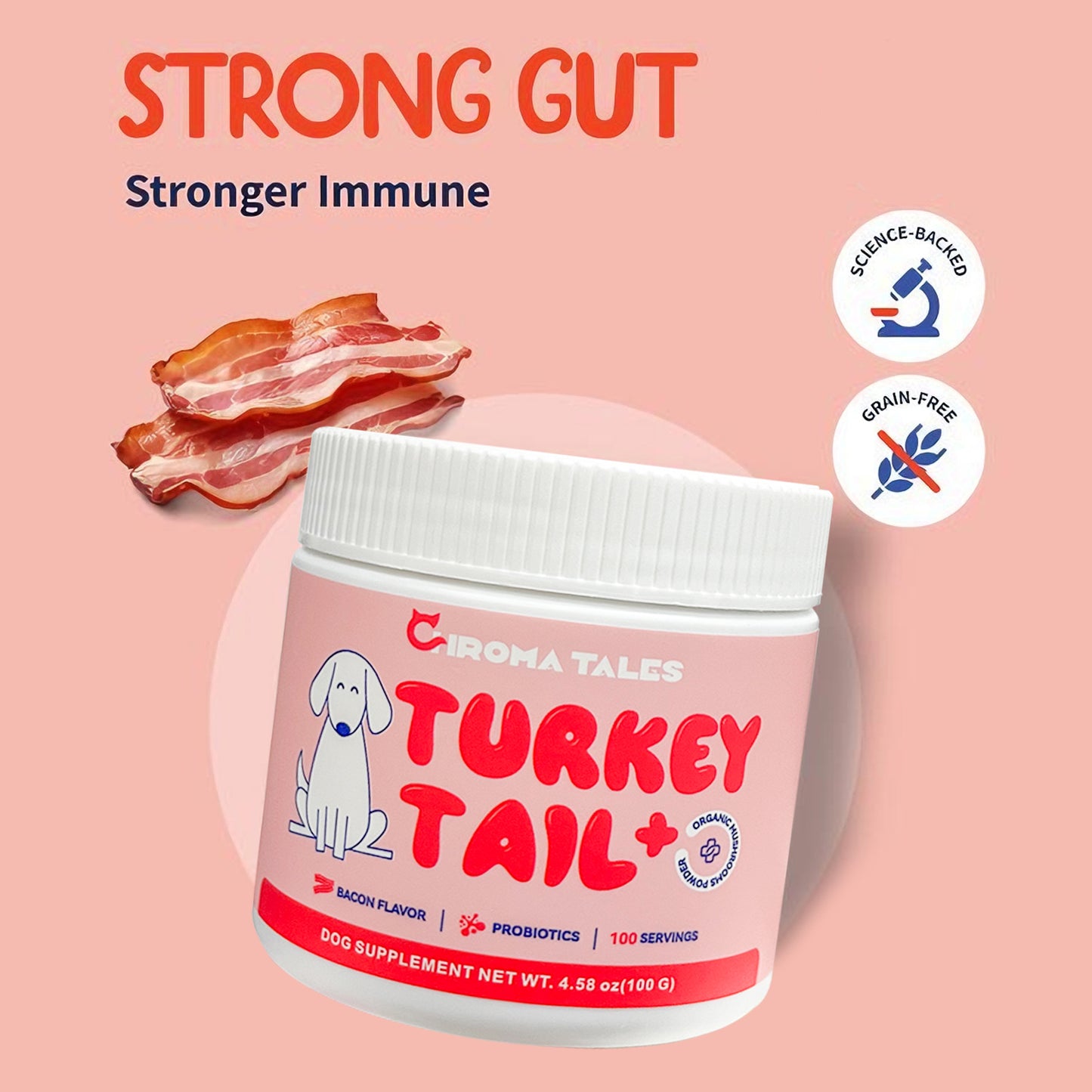 Turkey Tail+ - Dog Food Topper with Probiotics for Lipomas, Immune Support & Gut Health - 100 Servings - Bacon Flavor - Natural Allergy Relief - Supplements
