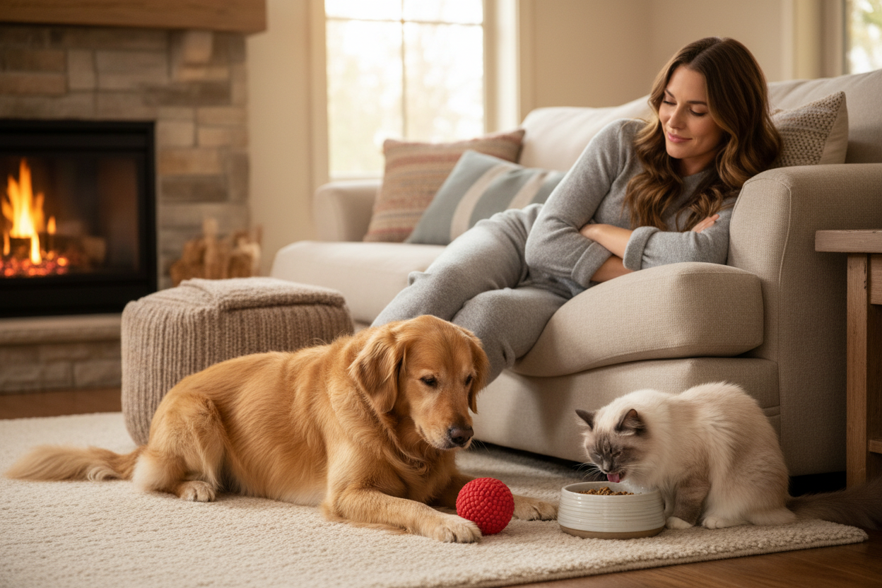 帮我生成一张有猫有狗的图片，其中的狗狗是一只金毛，趴在地上在玩一个玩具球，狗狗旁边的沙发上坐着一个波浪长发的女主人，穿着家居服，双手抱在胸前，慵懒的靠在沙发里，一脸微笑的看着狗狗，狗狗旁边的小猫咪是一只布偶猫，猫猫半坐在一边吃饭，还伸出舌头甜嘴巴，看起来吃的很香。